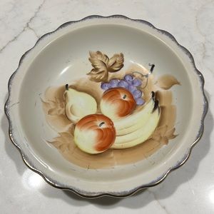 Enesco handpainted fruit bowl with gold scalloped edging; vintage.